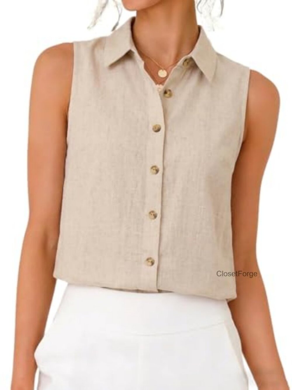 Sleeveless Linen Blend Button Down Blouse